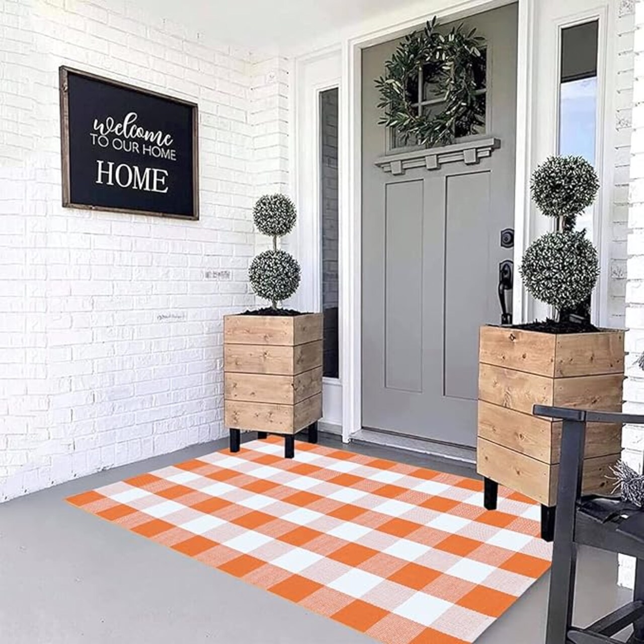 Cotton Orange and White Plaid Rug, 3' x 5' Fall Outdoor Front Door Decorative Mat, Hand Woven Rug for Layered Door Mats Washable Carpet for Porch, Entryway, Farmhouse, Autumn, Halloween